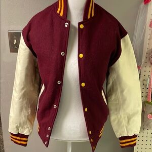 🆕 Varsity Jacket with Maroon and Cream Leather Sleeves size XXS